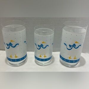 Set of 3 Vintage Libbey Frosted Blue Ribbon Duck Goose Glasses